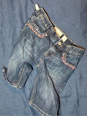 Girl’s  Dark Blue Denim Capri Jeans with Embroidered sides